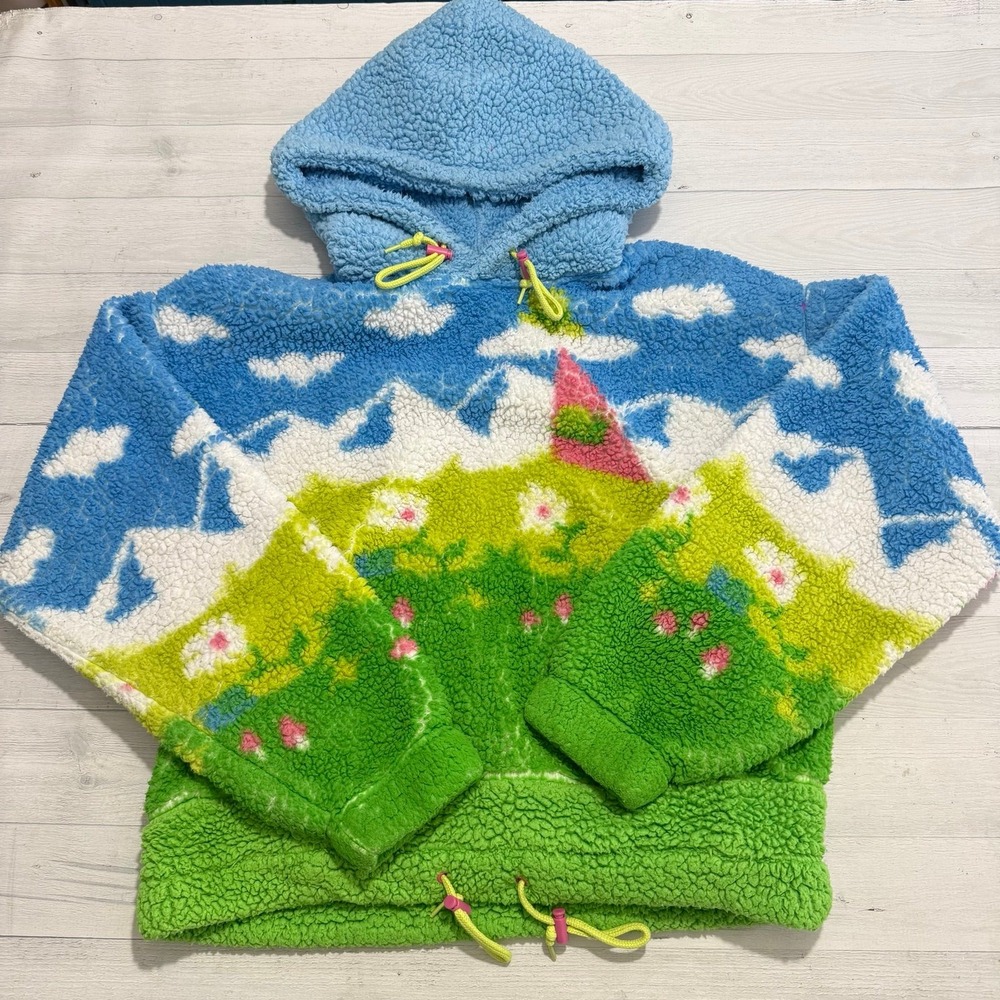 A-Lab Kadley Trippy Landscape Blue & Green Crop Sherpa Hoodie size small